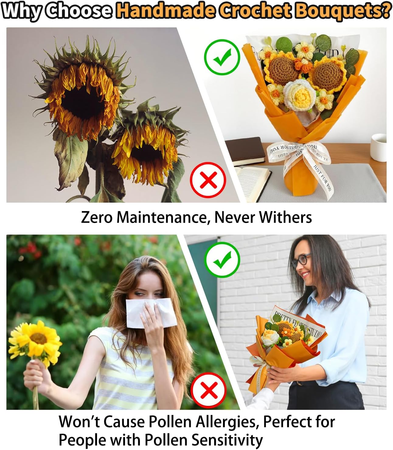 Crochet Flower Bouquet, Handmade Sunflower, Rose, and Daisy Combination, Perfect for Mother's Day, Wedding, Birthday,Anniversary, Home Decor, Ideal Gift for Women, Mom, Wife, and Friends (Orange)
