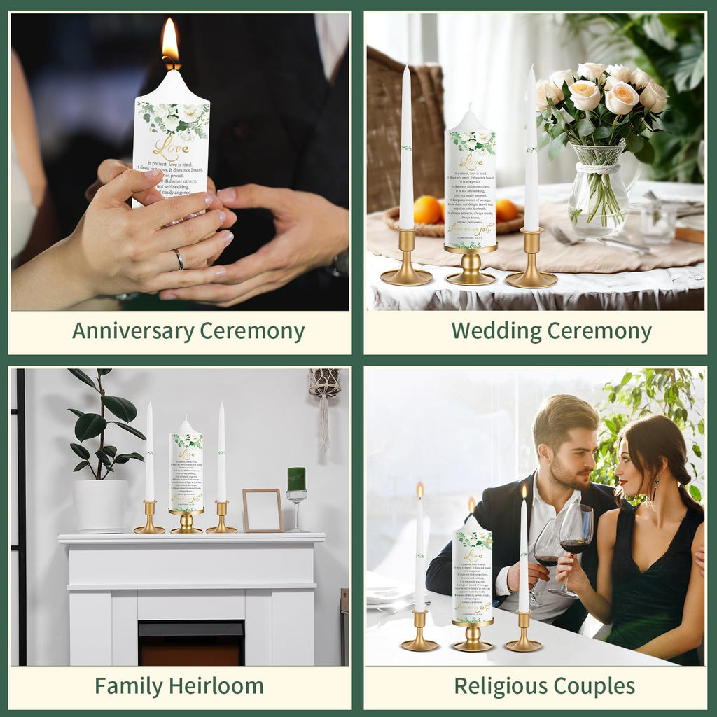3 Unity Floral Candles for Wedding Ceremony Set with Gold Candle Holders, Bible Wedding Unity Set – Elegant Gift for Bride, Groom, Religious or Catholic Weddings
