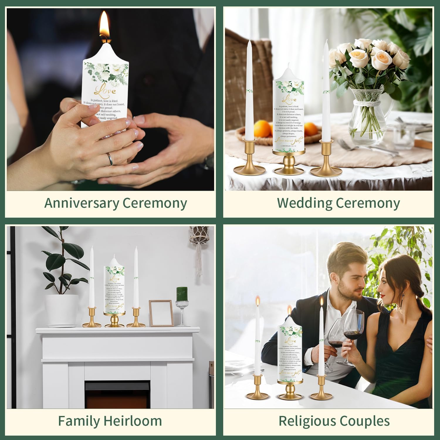 3 Unity Floral Candles for Wedding Ceremony Set with Gold Candle Holders, Bible Wedding Unity Set – Elegant Gift for Bride, Groom, Religious or Catholic Weddings