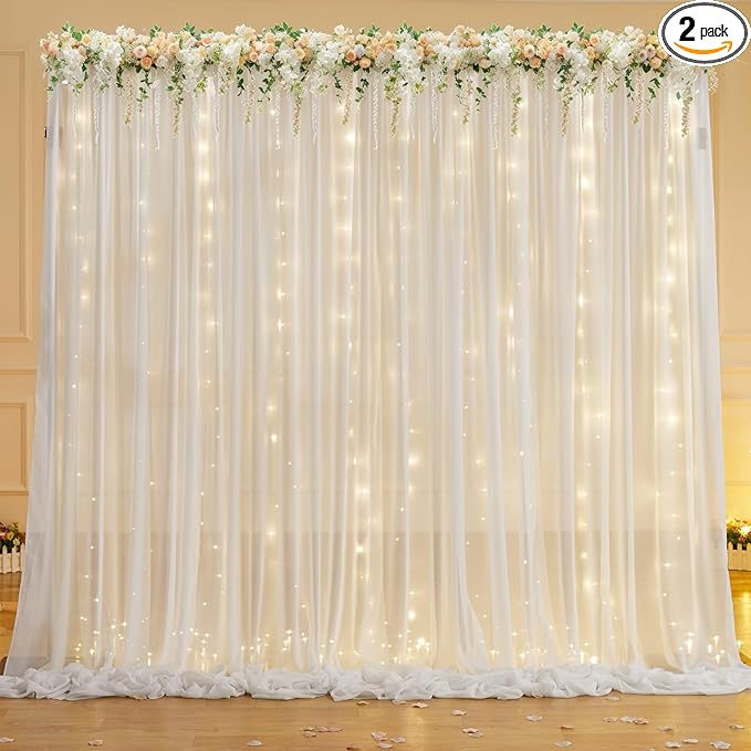 10ft x 7ft Cream White Chiffon Backdrop Curtain with Lights String for Parites Wedding Wrinkle Free Curtain Photo Backdrops Drapes for Baby Shower Birthday Party Home Decorations