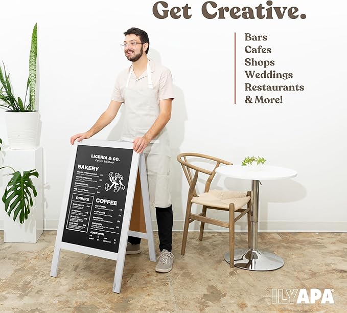 Ilyapa Wooden A-Frame Sign with Eraser & Chalk - 40 x 20 Inches Magnetic Sidewalk Chalkboard – White Menu Display for Restaurant, Business Or Wedding