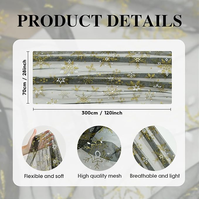 Artoid Mode Black Gold Snowflakes Christmas Gauze Table Runner 120 Inch 10FT, Winter Seasonal Sheer Dining Holiday Wedding Table Decor for Home Party