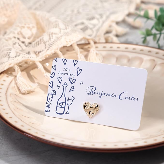 UNIQOOO 12Pcs Decorative Gold Love Heart Place Card Holders Bulk, Romantic Name Card Stands Set, for Wedding Engagement Decor, Table Setting, Business Card, Name Tag, Party Food Labels