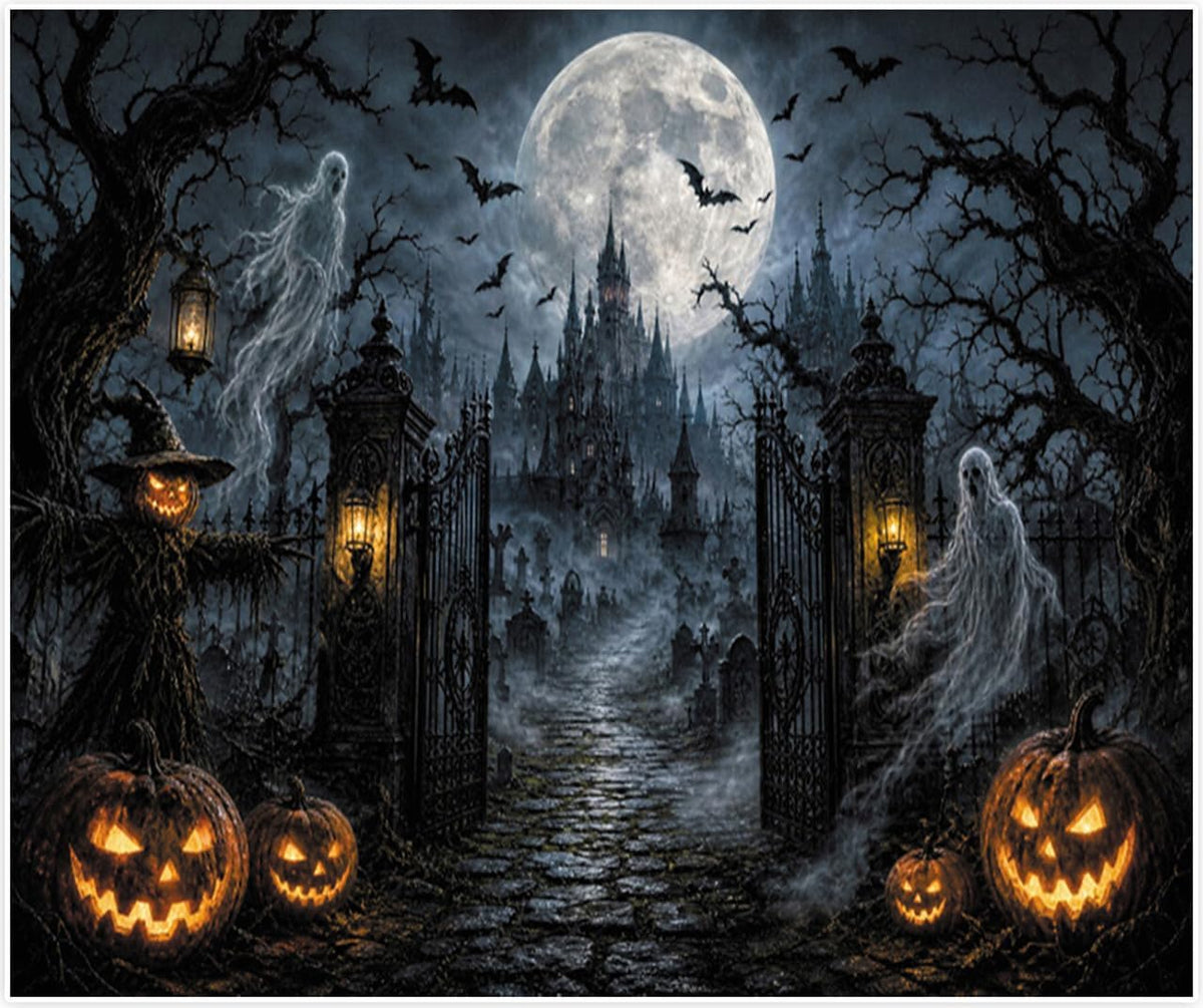 Halloween Graveyard Castle Backdrop 10x8ft, Spooky Ghost Pumpkin Gothic Haunt...