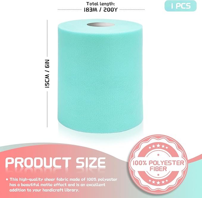 6" x 200 Yards Aqua Blue Tulle Fabric Rolls, Blue Spool Tulle Ribbon for DIY Tutu Skirt Wedding Decoration Baby Shower Birthday Party Backdrop Christmas Gift Wrapping Bow Craft Supplies