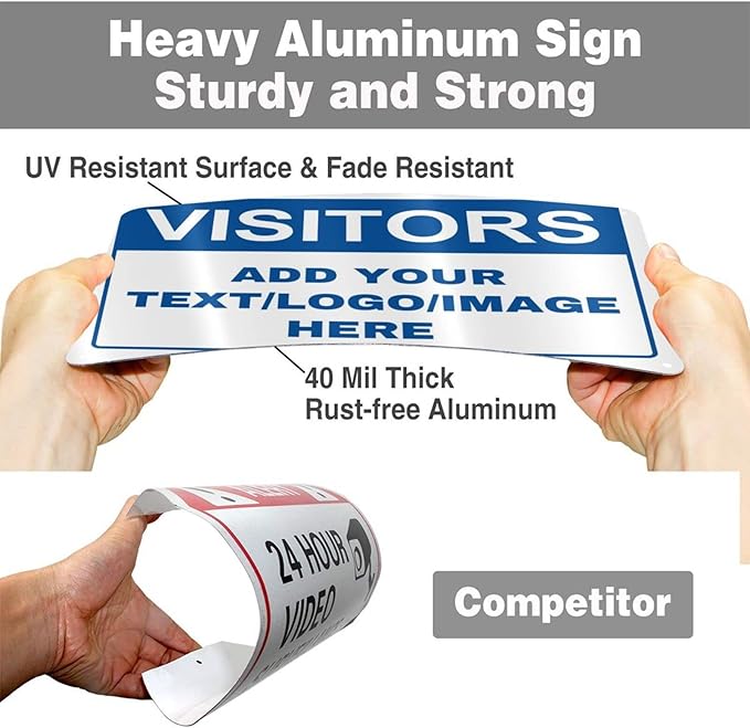 Custom Signs Outdoor Metal - 12 x 8 Customized Personalized Aluminum Signs for Office, Home, Business, Decor, Custom Rust-Proof Sign (VISITORS)