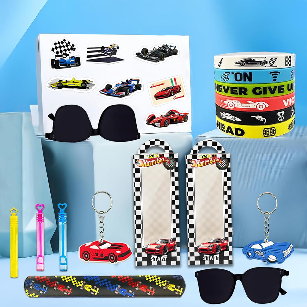 120PCS Race Car Party Favors Set, Car Birthday Decorations Including Slap Bracelets, Keychains, Gift Bags, DIY Stickers,Racing Glasses ,Bubble Wands, Race Car Birthday Supplies