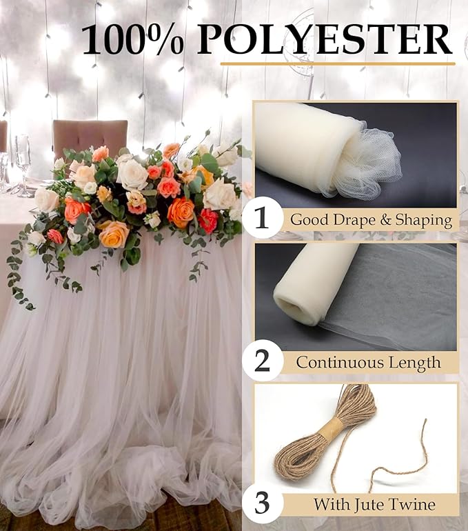 Ivory Tulle Fabric Roll, 54" x 40 Yards (120FT) Tulle for Wedding Decoration Christmas Gift Wrapping DIY Tutu Party Backdrop Baby Shower Table Skirts