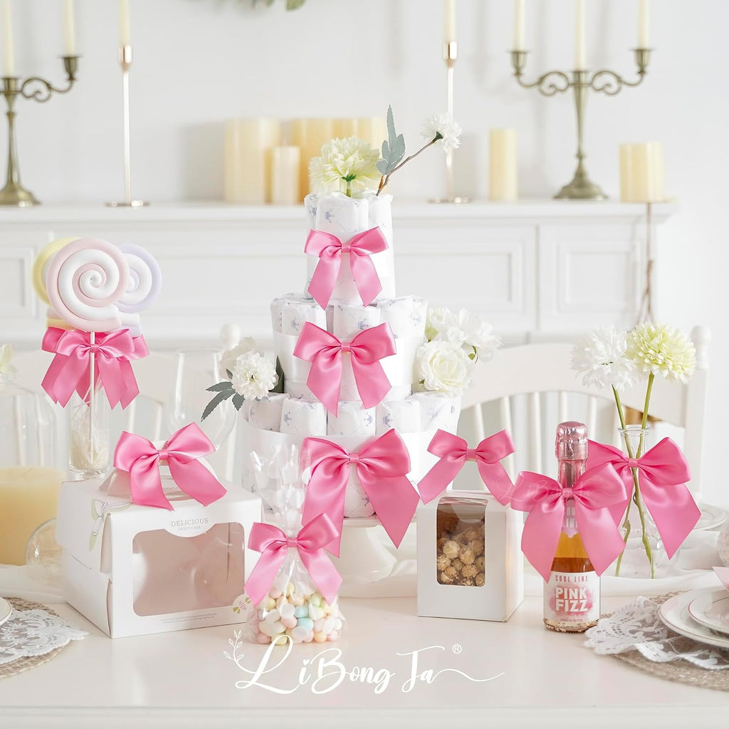 24 PCS Hot Pink Bows 5" Pre-Tied Fuchsia Pink Satin Ribbon Twist Tie Bow for Gift Wrapping Candy Treat Bags Crafts Baby Shower Birthday Party Favors Wedding Decor