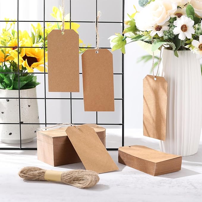 Gersoniel 200 Pcs Kraft Paper Gift Tags with String 4.7" x 2.4" Cardboard Price Tag Name Tag Vintage Wedding Birthday Hang Brown Tags with Twine Blank Gift Tag for Wedding Birthday Holiday Art & Craft