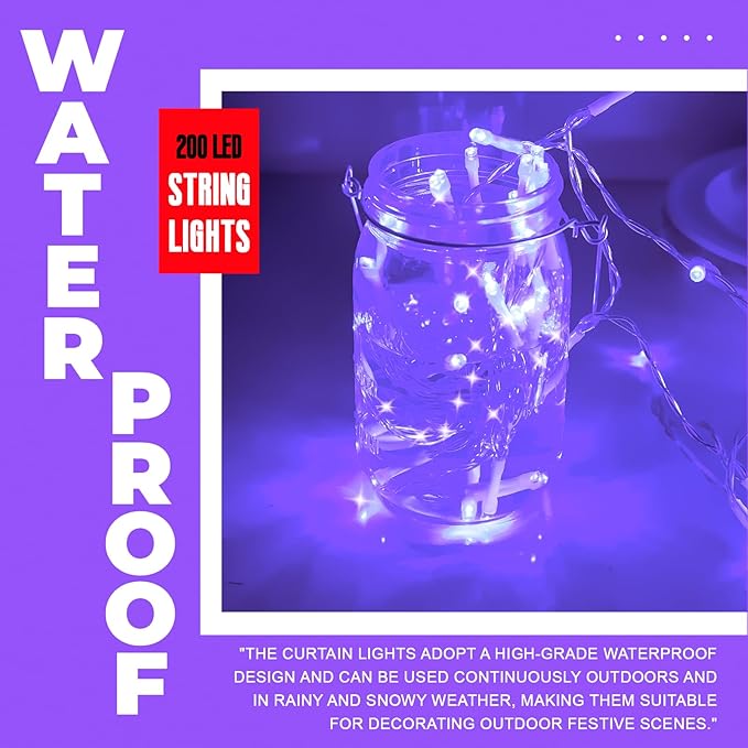 Curtain Light for Bedroom, 200LED 6.6x6.6ft Purple Window Wall Hanging Fairy Curtain String Light, 8 Modes Remote Fairy String Lights Indoor for Wedding Party Home Garden Decorations