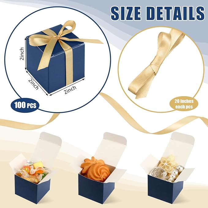 Jutom 100 Pcs Mini Favor Boxes Extra Small Candy Boxes Paper with Gold Ribbon for Christmas Thanksgiving Day Birthday Wedding Anniversary Supplies(2 x 2 x 2 Inch,Navy Blue)