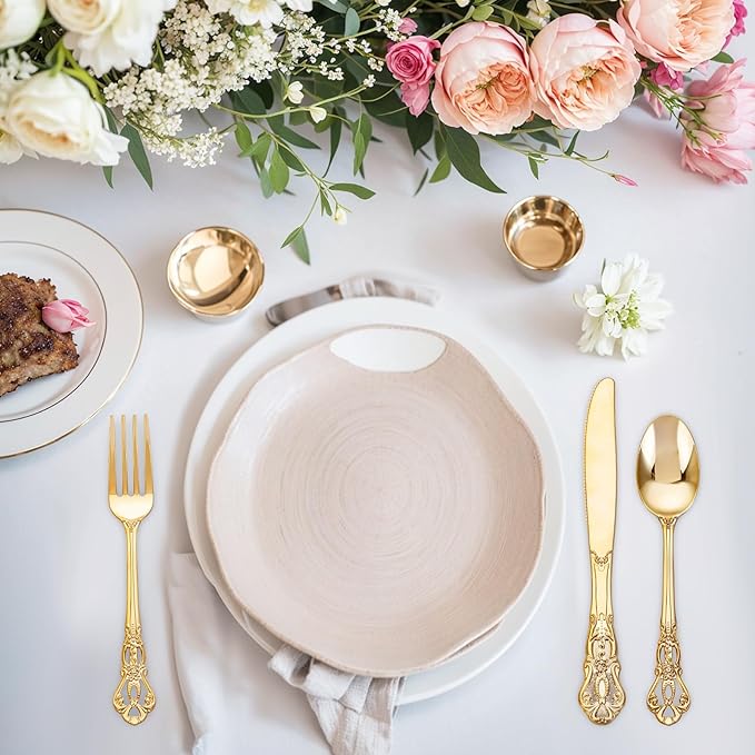 200PCS Gold Plastic Silverware - Heavy Duty Elegant Disposable Utensils - Gold Plastic Cutlery Set Includes 100Forks, 50Spoons, 50Knives for Dinner, Parties, Weddings