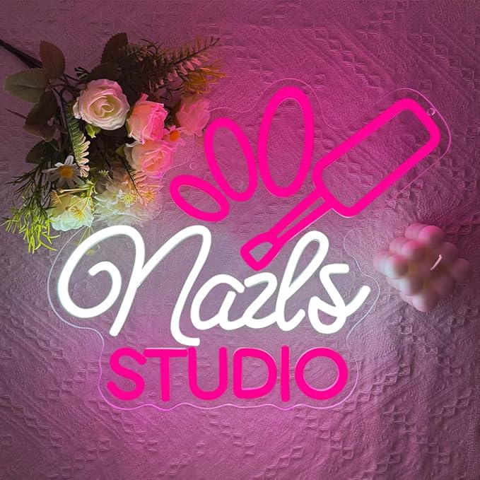 Nail Room Neon Sign,Pink Nails Studio LED Light for Wall Art Decor,Backdrop for Business Lash Salon Beauty Room Bar,Pink Dimmable Light Up Signs Gift for Girls Women Nail Tech USB Powered（14.2"*11.8"）
