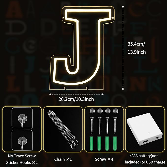 Light Up Letters J, Led Marquee Letter Lights Neon Sign, 13.9" Height Decorative Lighted Alphabet Number, Battery/USB Powered Led Letters Lights for Wedding, Birthday, Party, Christmas or Home Decor