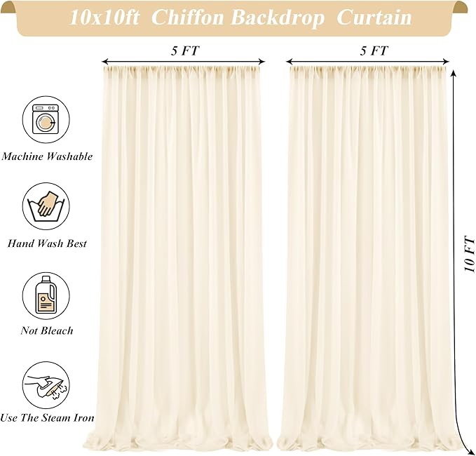 10x10ft Ivory Chiffon Backdrop Curtain with Lights String for Wedding Parites, Sheer Photo Backdrop Curtains for Baby Shower Bridal Shower Birthday Party Ceremony Reception