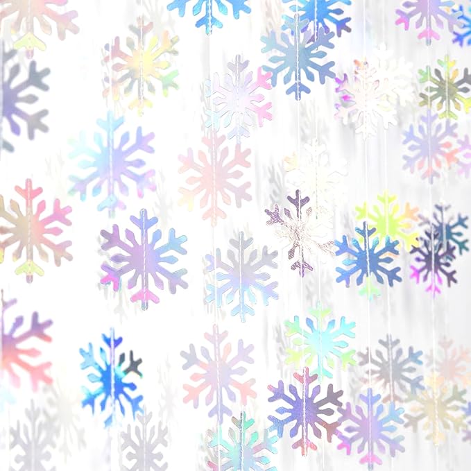 Snowflake-Snow Iridescent-Holographic Christmas Party-Decoration Garland - 52ft Winter Wonderland Frozen Ornaments Hanging Paper Streamers,New Years Birthday Baby Shower Dance Ceiling Decor Hugfond
