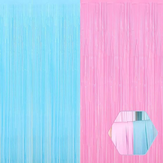 6 Pack Macaron Pink Blue Foil Fringe Curtain Backdrop, 3.28Ft x 8.2Ft Metallic Tinsel Foil Fringe Streamer Curtains for Photo Booth, Birthday, Wedding, New Year Party Decorations