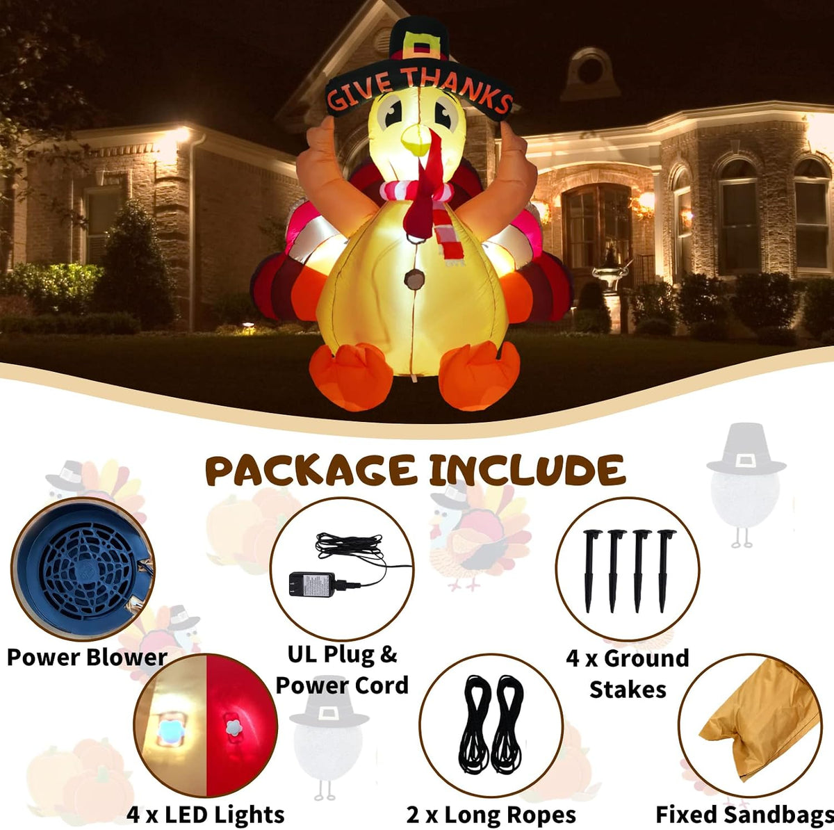 thanksgiving inflatable turkey lawn decoration 6ft giant blow, side view