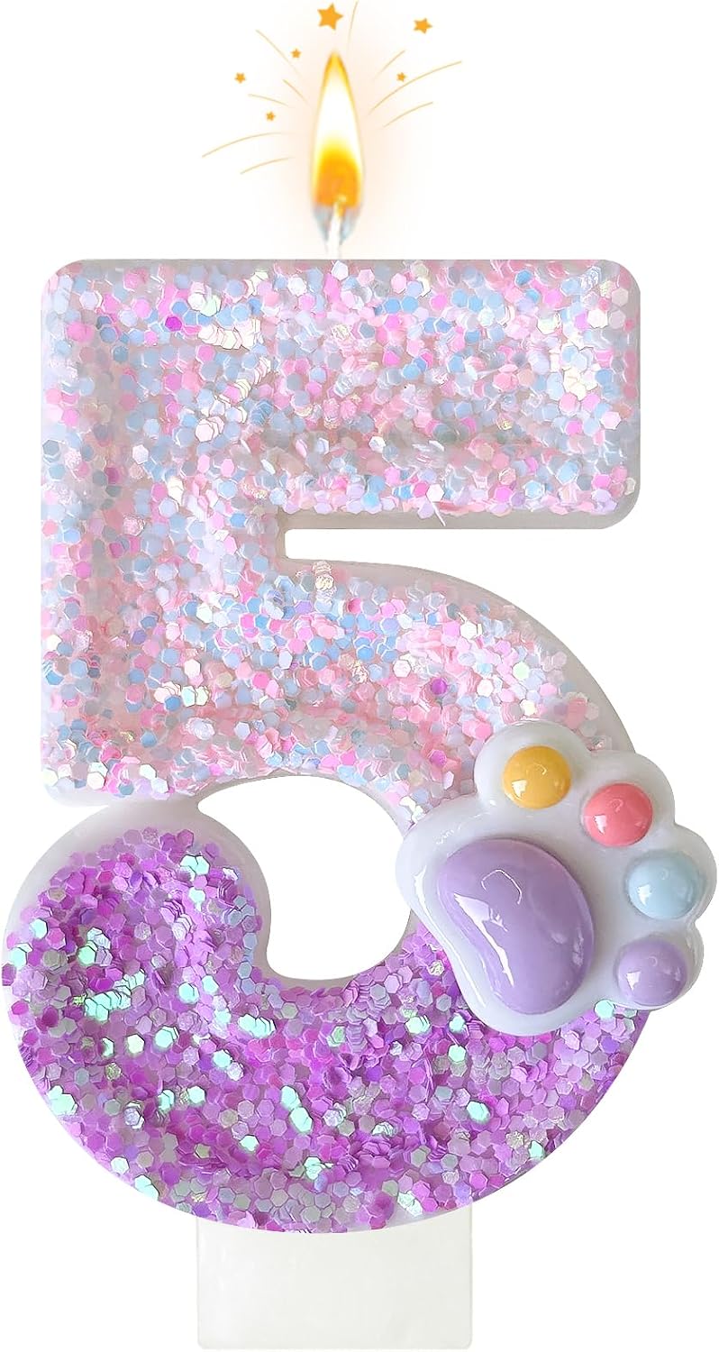 Pink Cat and Dog Paw Birthday Number Candles, Cupcake Decorations, Dog Theme Candles, Suitable for Party Celebrations, Birthday Decoration Supplies (Number 5)