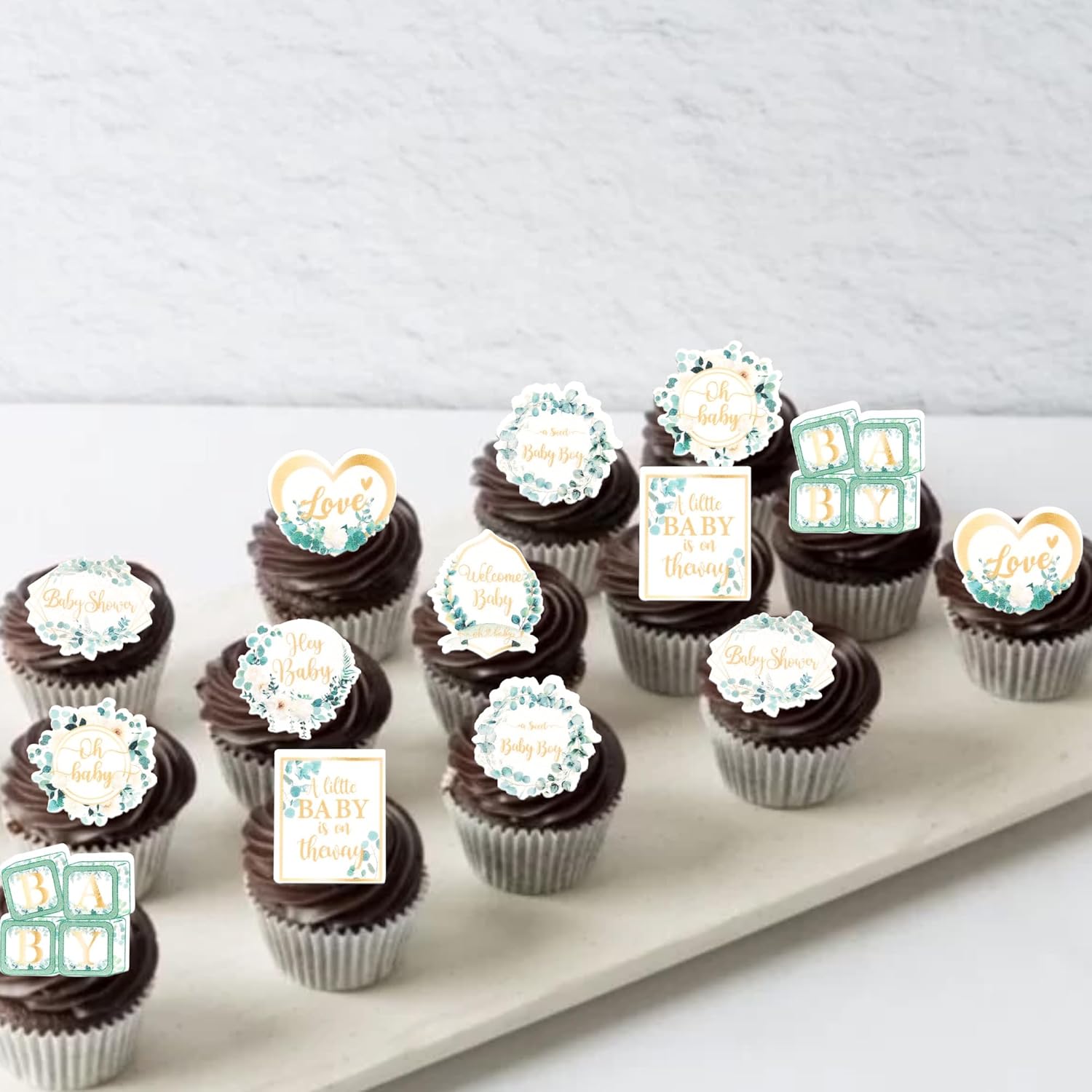 60 Pack Edible Welcome Boy Cupcake Toppers A Little Baby is on the Way Cake Toppers Rice Paper Wafer Paper Cupcake Picks for Kids Birthday Cake Decorations Green