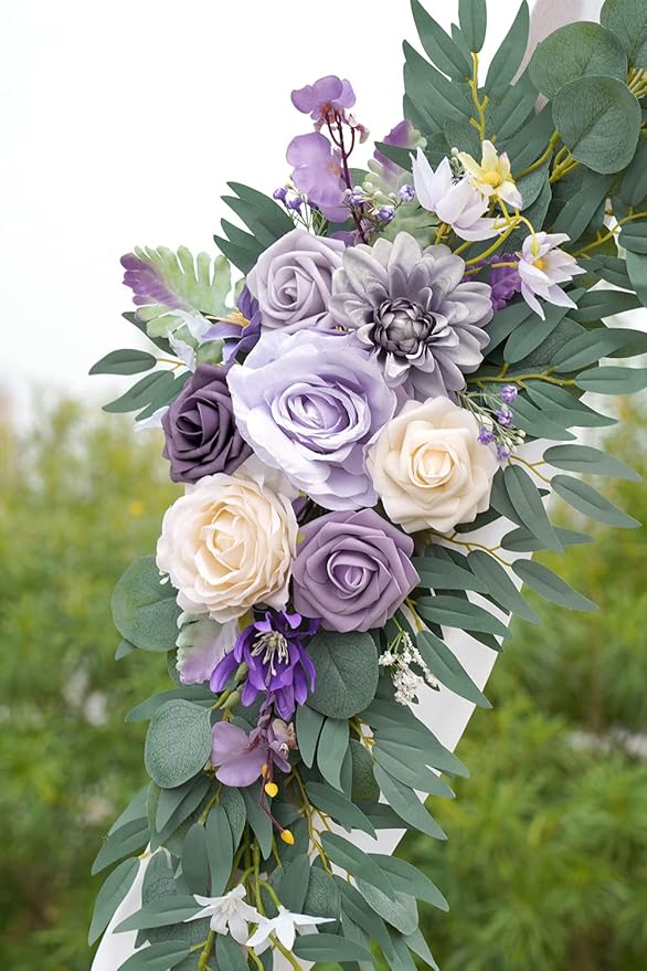 ponatia Wedding Arch Flowers (Pack of 2), Artificial Purple Flowers for Wedding Welcome Signs Decorations and Arch Flower for Ceremony Reception Decoraction (Lilac & Cream)