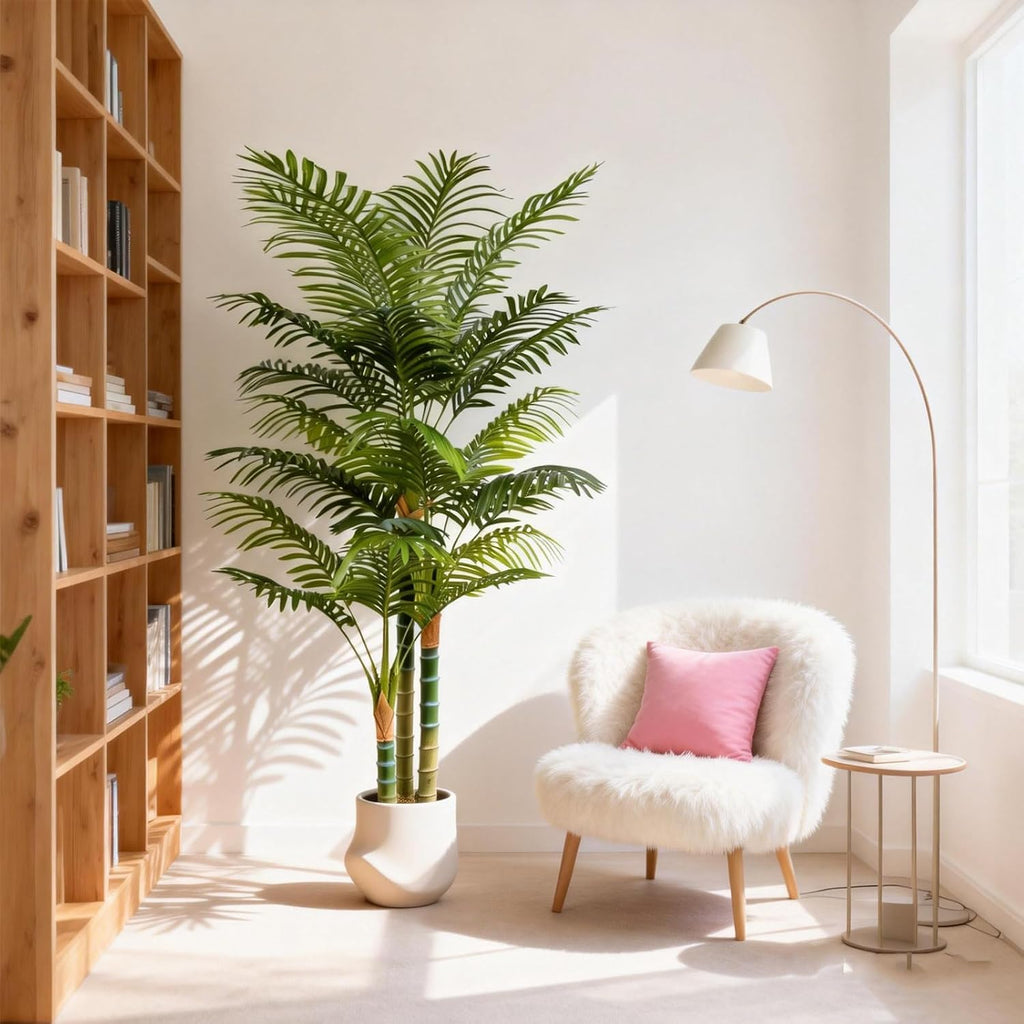 6ft tall golden cane artificial palm tree, large shown in use
