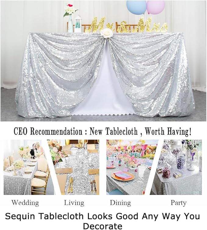 ShinyBeauty 2 Pack 72x72 Inch Silver Sequin Tablecloths - Elegant Square Glitter Tablecloth for Wedding, Birthday, and Party Decorations