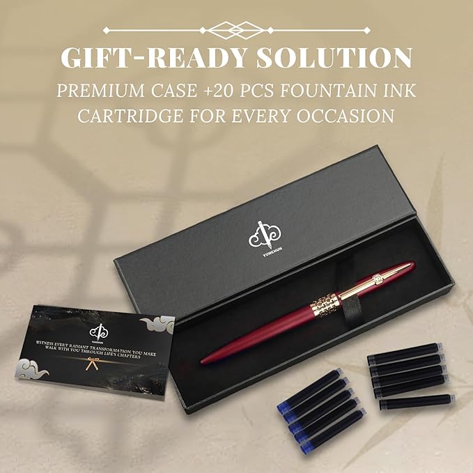YUNCHUN Refillable Fountain Pen Fine Nib, Fancy Ink Pen with 5 Black & 5 Blue Ink Refills Cartridges, Cool Ink Pens for Writing, Business Metal, Best Gift Set for Men & Women, Red