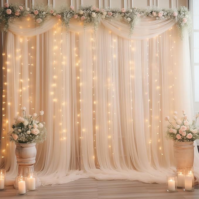20×10ft Champagne Tulle Backdrop Curtain with Lights String for Parties, Sheer Curtain Backdrop Drapes for Wedding Party Photography Background