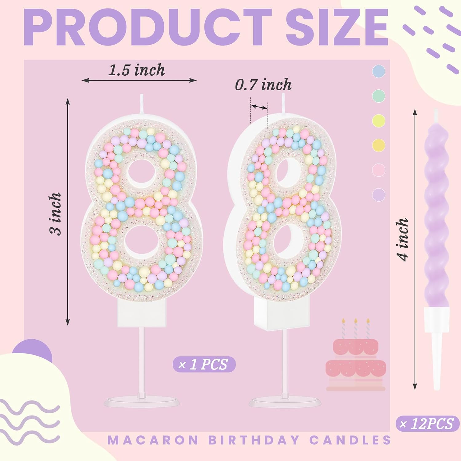 MTLEE Number 8 Birthday Candle with 12 Pcs Spiral Candles for Girls Macaron Pastel Rainbow Unicorn Pink Cake Topper for Sweet Theme Party Decoration