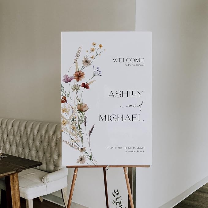 Welcome Wedding Sign Personalized, Wildflower Wedding Sign Decorations Signage 12" X 18" (Small), 27" (Medium), 36" (Large), Plastic, Modern, Pole Mount, Weather
