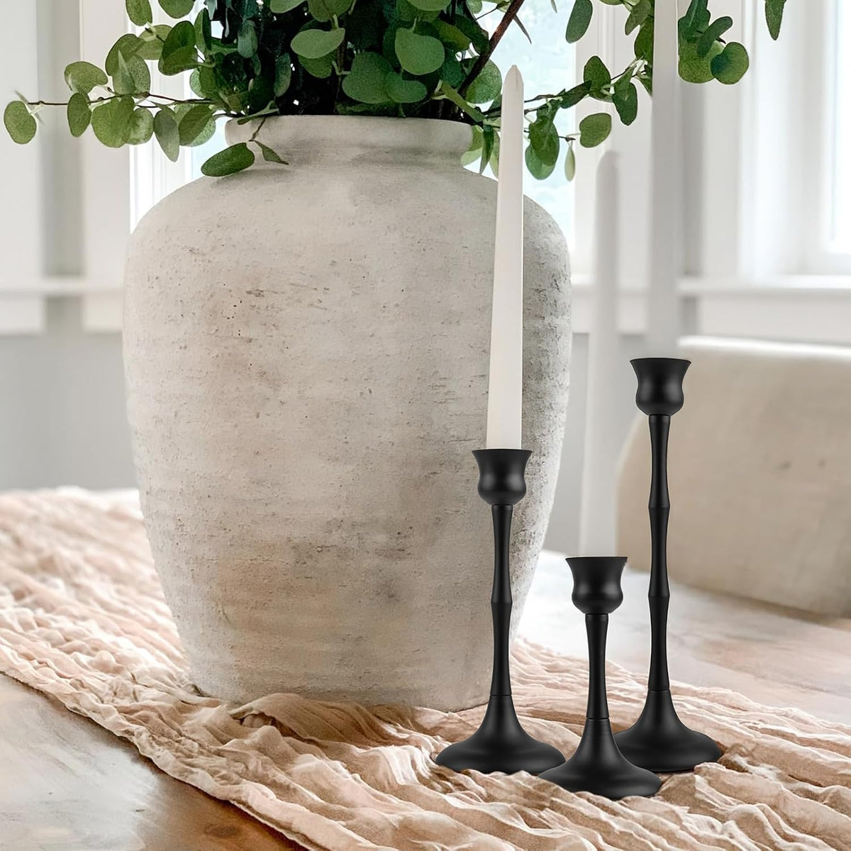 vintage metal candlestick holders, set of 6 black, front angle view