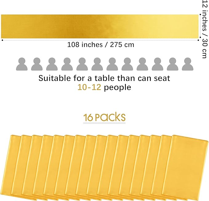 Aneco 16 Pack Satin Table Runner 12 x 108 Inch Gold Long Wedding Satin Silk Table Runner for Wedding Banquet Graduations Birthday Party Decoration
