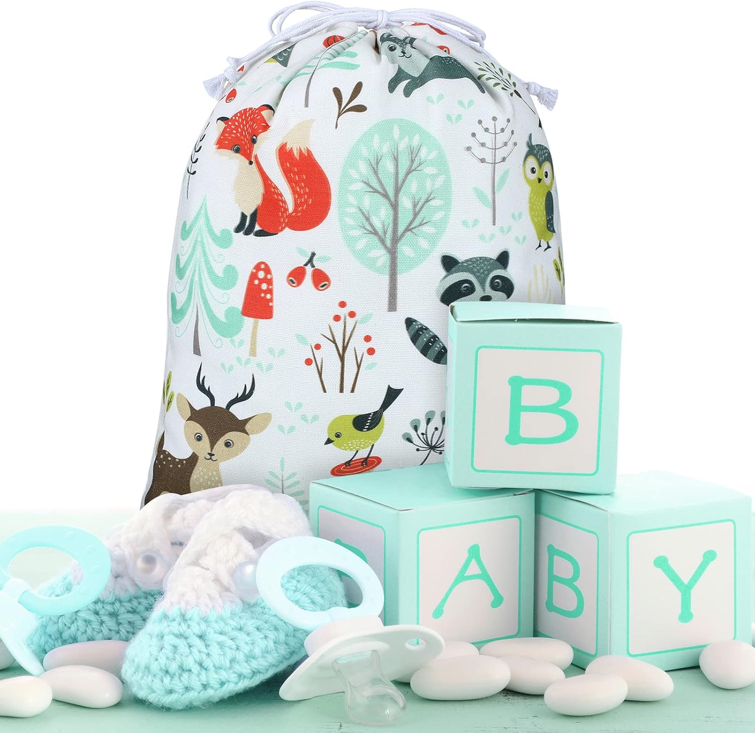 Shappy 2 Pcs Drawstring Fabric Gift Bags, Woodland Animal Reusable Gift Wrap, 15.75 x 11.81'' Large Bag for Baby Shower Party Favor Gender Reveal Birthday Party Supplies