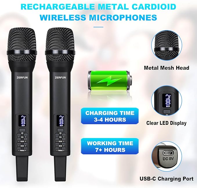 Rechargeable Wireless Microphones 4, Pro Handheld Cordless Mics System Dynamic with Echo Treble BASS VOL Control for Karaoke Singing Church Party, 1/4'' Output, D240, Black