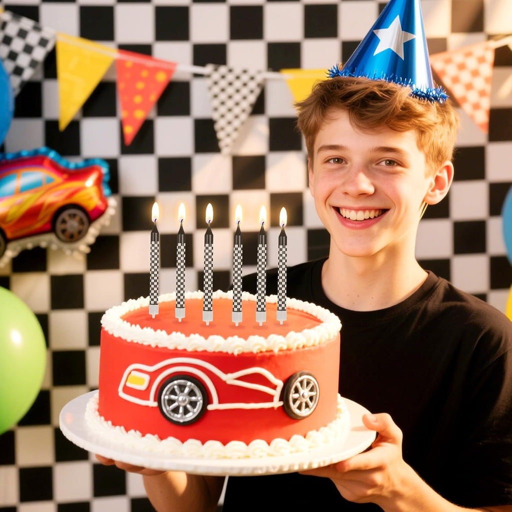 12Pcs Race Car Birthday Candles Cake Topper for Birthday Party Decorations | Black and White Checkered Flag Themed Cupcake Topper for Racing Birthday Decorations Party Supplies