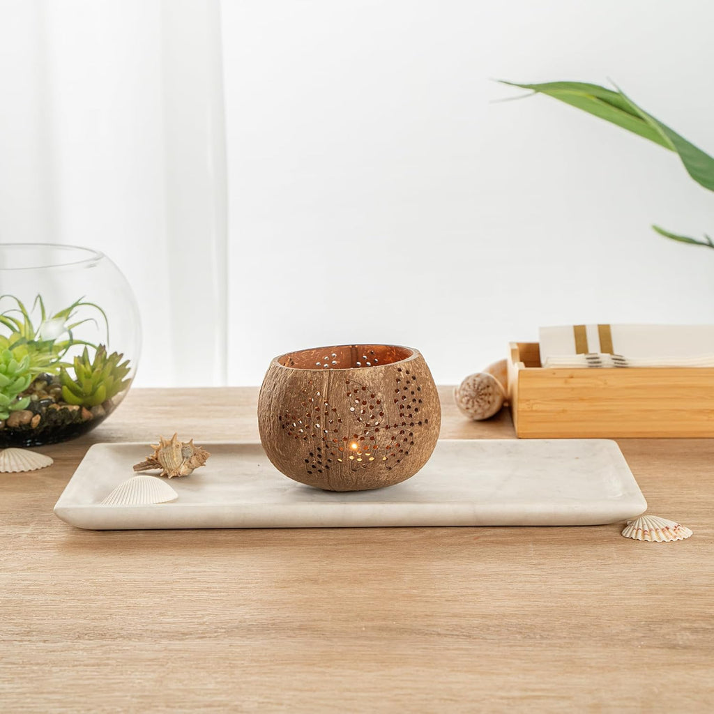 Restaurantware-Coco Casa 4 x 3.3 Inch Coconut Shell Candle Holders, 1 Reusable Tealight Holders - Candle Not Included, Leaf Pattern, Brown Coconut Bowls For Candles, Handcrafted