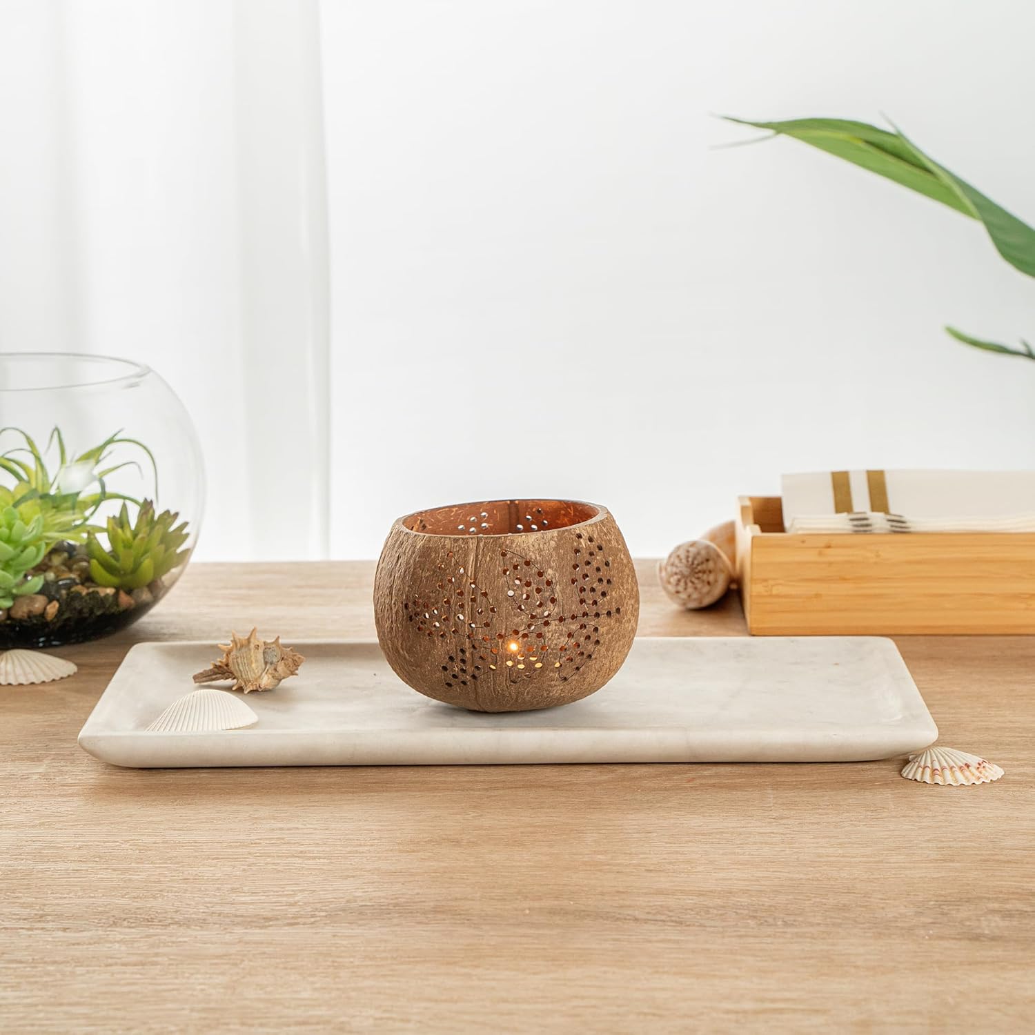 Restaurantware-Coco Casa 4 x 3.3 Inch Coconut Shell Candle Holders, 1 Reusable Tealight Holders - Candle Not Included, Leaf Pattern, Brown Coconut Bowls For Candles, Handcrafted