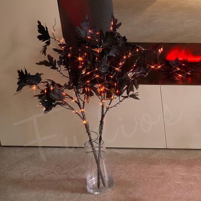 Fudios Halloween Black Branch Lights with Maple Leaves 120LED 32IN Battery Operated Thanksgiving Indoor Artificial Lighted Twig Branches with Timer Warm White and Orange Lights