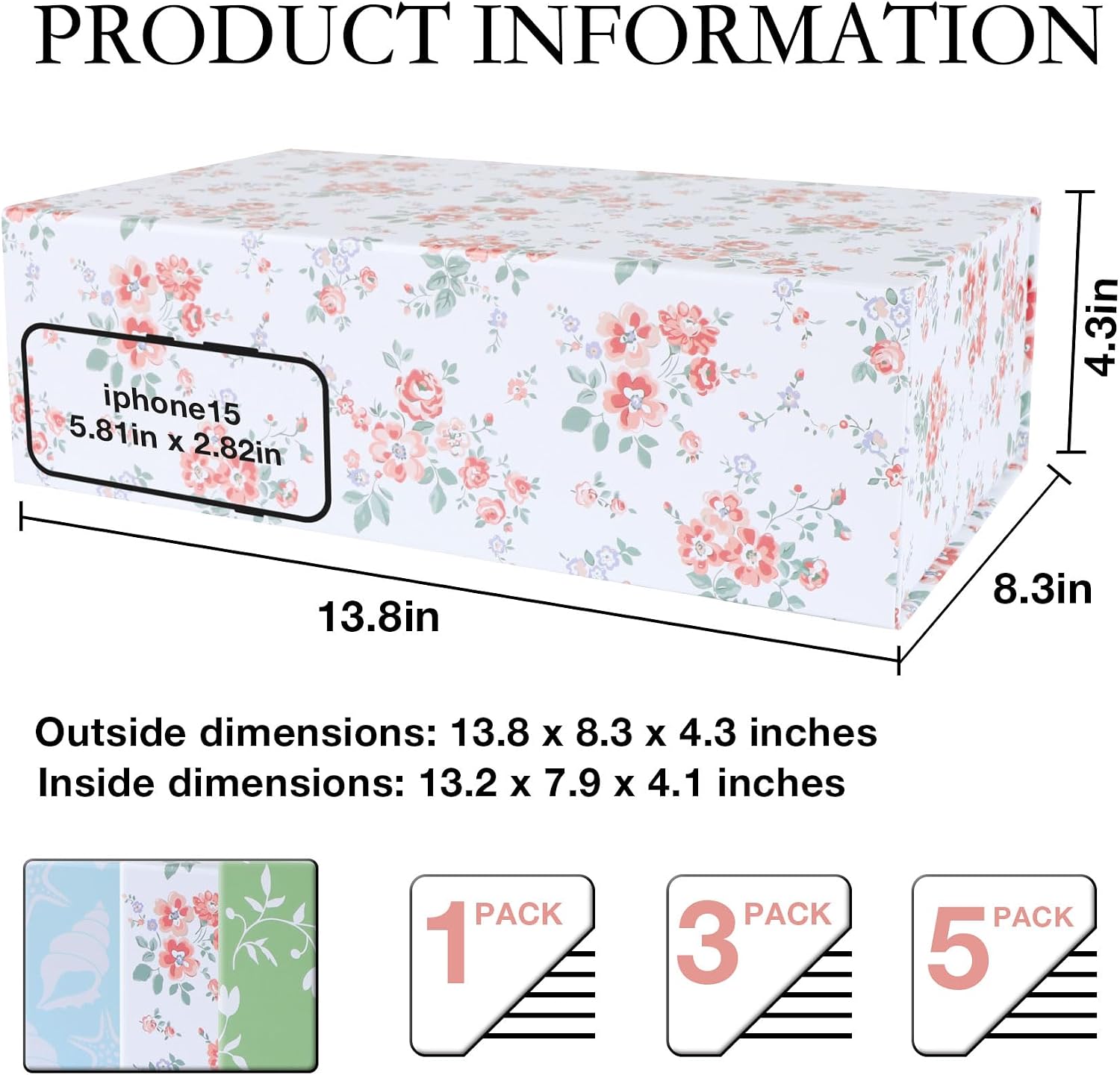LFBOX Rose Floral Gift Box with Magnetic Lids 1 Pack | Large Bridesmaid Proposal Boxes 13.8x8.3x4.4 in, Rectangle Wedding Decorative Storage Box