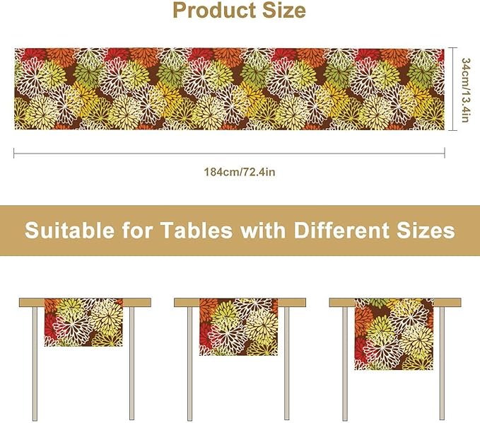 Brown Dahlia Floral Table Runner, Seasonal Autumn Thanksgiving Pattern Print for Home Kitchen Table Decor Dining Coffee Room Party Decor 13x90 Inch