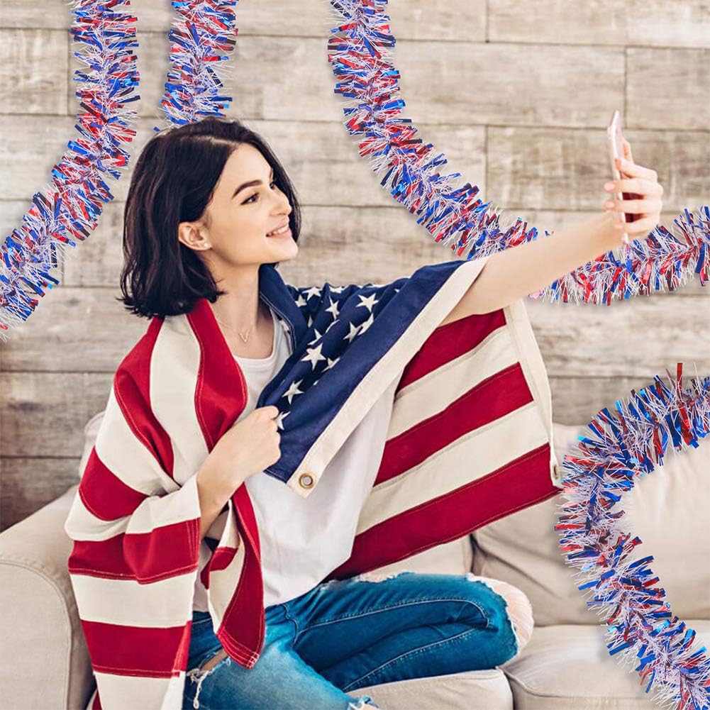 CCINEE 33ft Patriotic Tinsel Garland,Red White Blue Star Twisted Garland for 4th of July Party Independence Day Memorial Day Home Party Decoration
