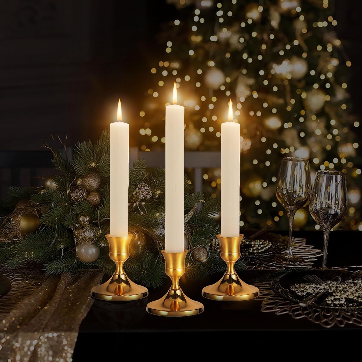 3 Pcs Brass Gold Taper Candle Holders, Vintage Metal Candlestick Holders Set for Dining Table, Wedding & Party Centerpiece Decor, Fits Standard Taper Candles, Mantel & Home Decorations