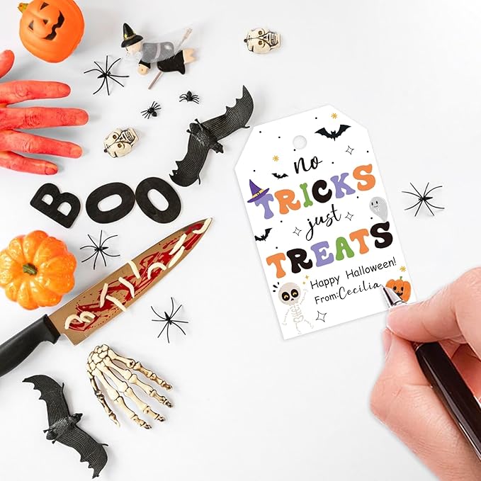 Aukolass 50pcs Trick Or Treat Favor Tags, Happy Halloween Day Gift Tags and Gift Wrapping Decoration(Treats)