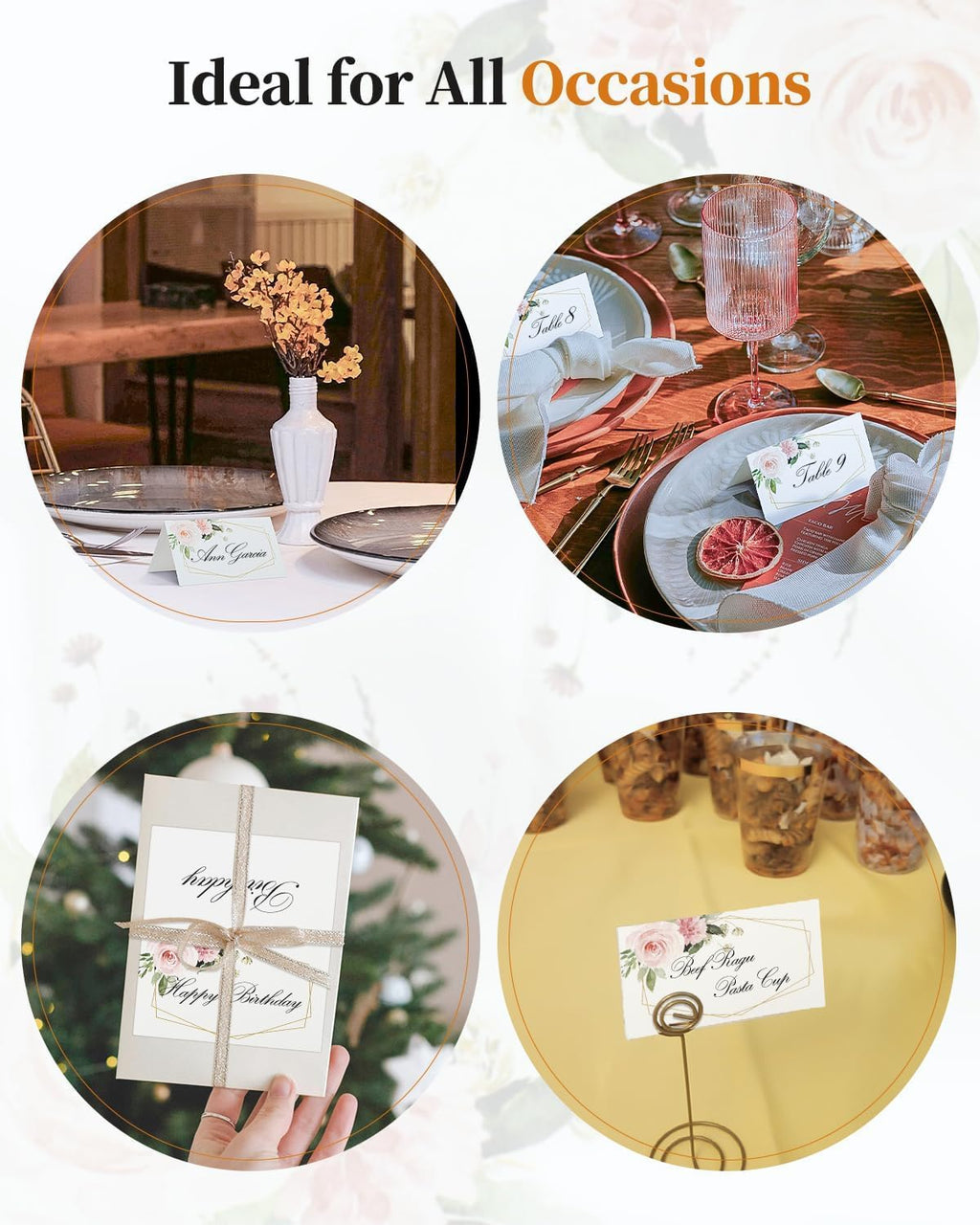 Uniclife 60 Pcs Floral Place Cards for Wedding Buffet Tables | 60 folded watercolor rose place cards create elegant seating labels and food tags for weddings, banquets and buffets.