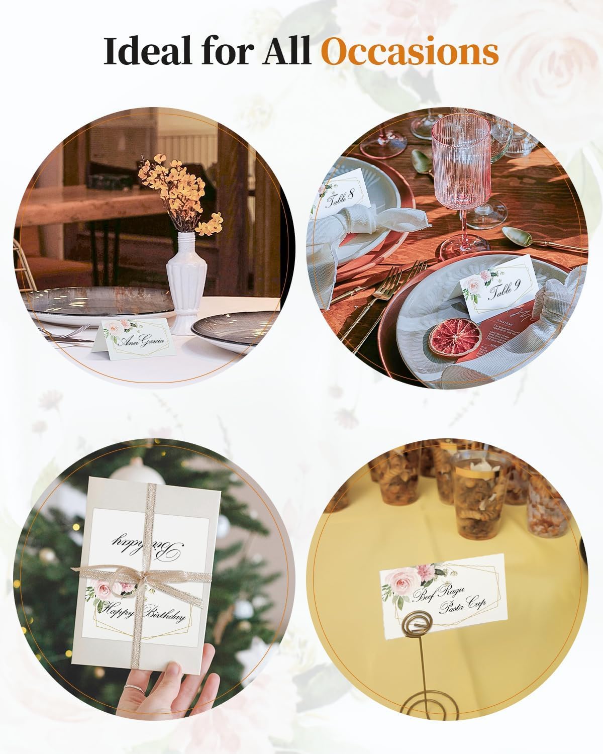 Uniclife 60 Pcs Floral Place Cards for Wedding Buffet Tables | 60 folded watercolor rose place cards create elegant seating labels and food tags for weddings, banquets and buffets.