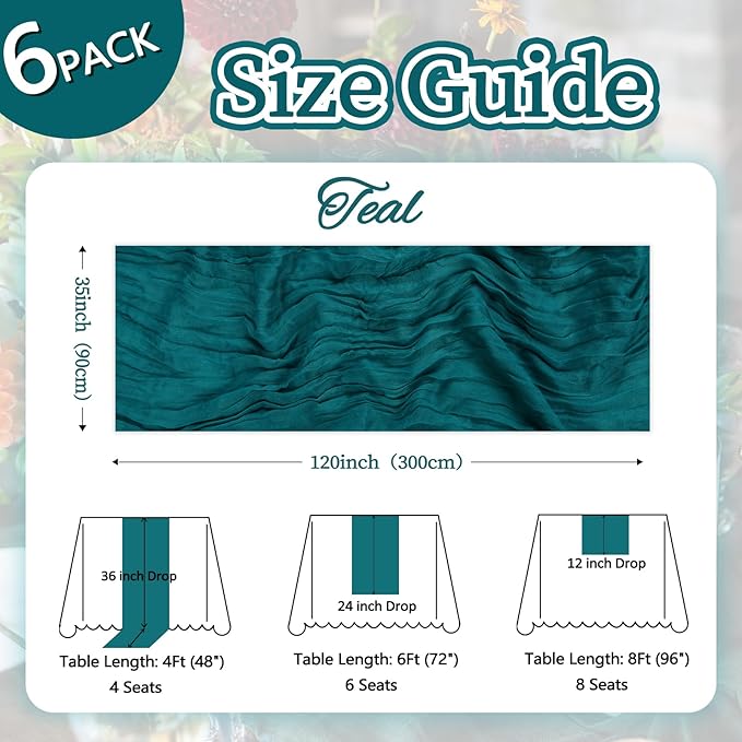 6 Pack Teal Cheesecloth Table Runner 10ft Boho Gauze Fabric Cheese Cloth Table Runner 35 x 120 Inch Rustic Sheer Runner for Romantic Wedding Decor Baby Shower Party Table Centerpiece Decoration