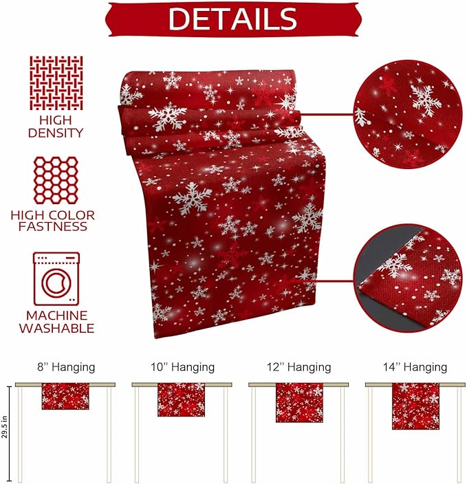 Christmas Snowflakes Cotton Linen Table Runner for Dining Kitchen, Red Xmas Winter Snow Wedding Outdoor Party Tablerunners Decoration, New Year Dresser Scarf Coffee Tablecloth Runners 13x60 Inches