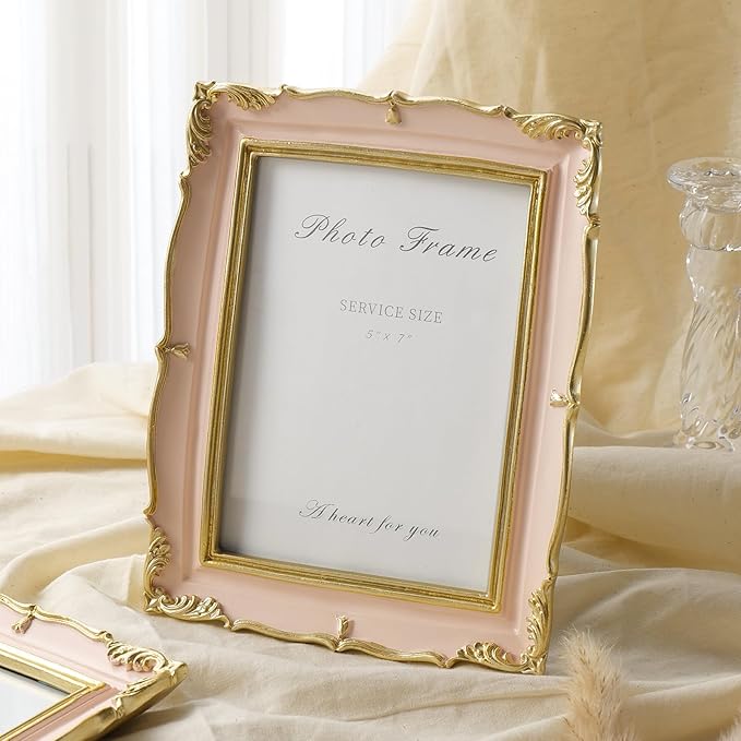 Cuspin Vintage Pink 5x7 Picture Frame, Pink and Gold 5 by 7 Antique Photo Frames, Ornate Textured Hand-Crafted Resin Frame with Glass Front for Tabletop Display, Retro Design Home Decor
